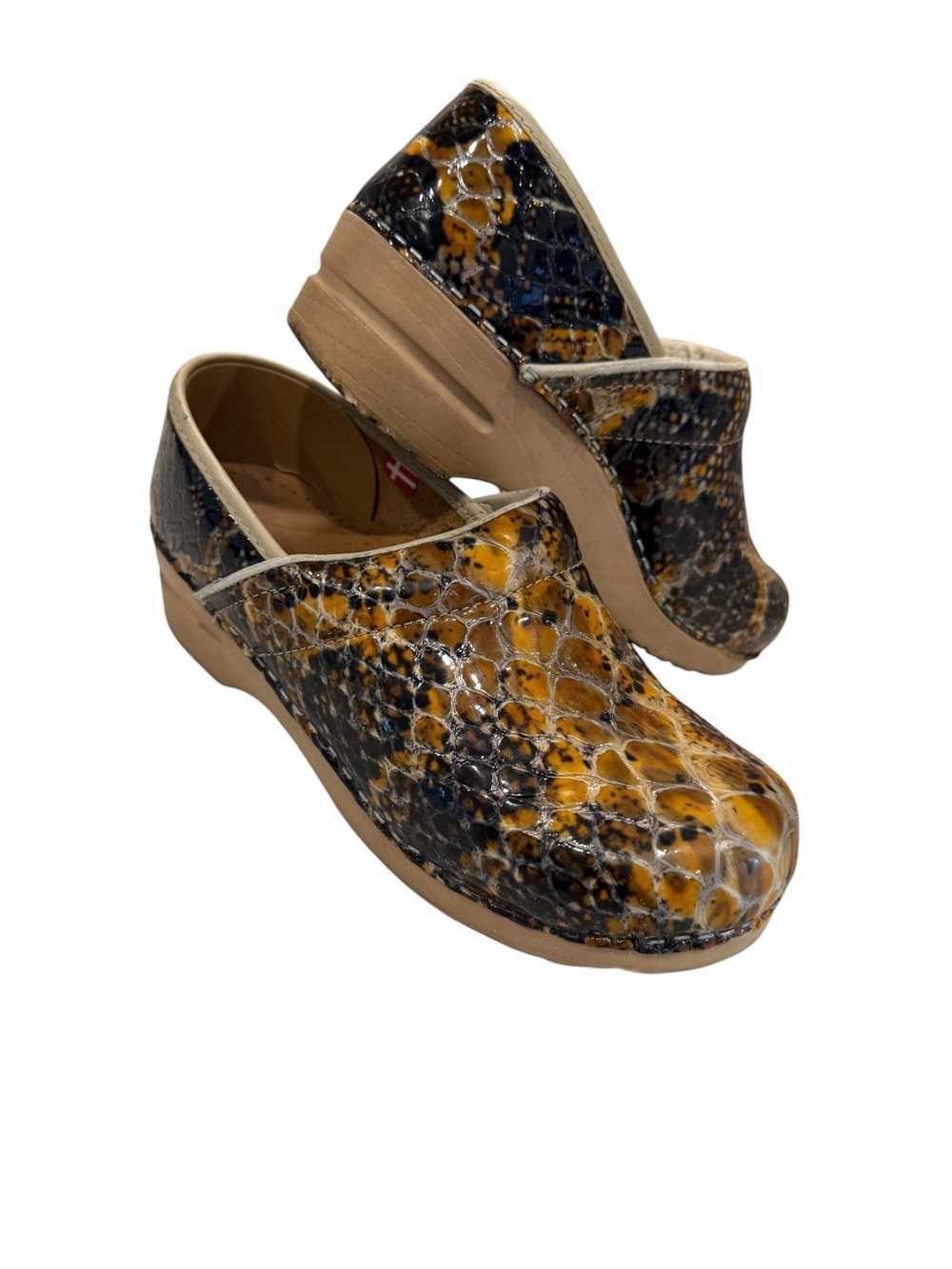 Women’s Sanita Patent Leather Gold Browns Snakeskin Clogs Shoes EU 39 US 8.5/9